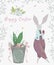 Vintage greeting card with bunny characters and design elements for the Easter holiday. Easter bunny, eggs, flowers, basket, sprin