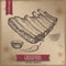 Vintage grilled ribs template placed on old paper background.