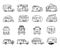 Vintage hand drawn camper recreational trailers, Rv cars icons. Simple line art graphics. Camping vehicles vans and