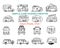 Vintage hand drawn camper recreational trailers, Rv cars icons. Simple line art graphics elements. Camping vehicles vans