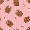 Vintage hand drawn Christmas moose antlers red bib cat seamless vector background. Animal illustration. Pink stripes background