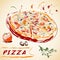 Vintage hand drawn Italian tasty sliced pizza.