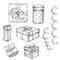 Vintage Hand drawn Set of different gifts box, packages and serpentine isolated on white. Sketch. Engraving. Christmas, New Year,