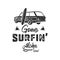 Vintage hand drawn summer T-Shirt. Gone surfing - aloha time with surf old car, van and shaka sign. Perfect for tee, mug