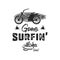 Vintage hand drawn summer T-Shirt. Gone surfing - aloha time with surf old motorcycle and shaka sign. Perfect for tee