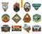 Vintage hand drawn travel badges set. Camping labels concepts. Mountain expedition logo designs. Outdoor hike emblems