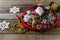 Vintage handmade Christmas toys on wooden background