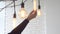 Vintage hanging lamps on white background of wall. Media. Glowing vintage light bulbs of different shapes hang on branch