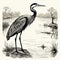 Vintage Heron Woodcut Engraving: Dark Academia Halloween Clipart