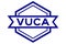 Vintage hexagon label banner with word VUCA abbreviation of Volatility, uncertainty, complexity and ambiguity in blue on