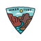 Vintage hiker lust logo, adventure emblem design with mountains valley and river. Unusual line art retro style sticker