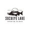 Vintage hipster retro sockeye salmon and lake landscape logo icon vector template