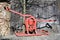 Vintage historical two men fire pump for water