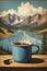 vintage holiday graphic hot coffee overlooking high mountains and blue lake