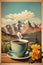 vintage holiday graphic hot coffee overlooking high mountains and blue lake