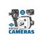 Vintage home movie cameras monochrome vector icon