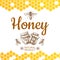 Vintage honey logo and background with vector bee, honey jars and honeycombs
