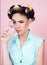 Vintage housewife woman curl eyelashes with tool. retro woman with fashion makeup and hair. beauty salon and hairdresser