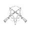 Vintage hunting emblem with crossed rifles and skull of deer, hunter trophy, guns and horns