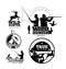 Vintage hunting and fishing vector labels, logos emblems set