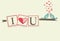 Vintage I Love You text with cute bird couple, hearts greeting card dot pattern background for Valentines day, wedding,dating 