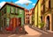 Vintage Illustrated Little Village Road: Warm-Colored Homes With bicycles and Blue Sky