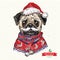 Vintage illustration of hipster santa pug dog