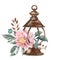 Vintage illustration. Old rusty kerosene lamp lantern and bouquet with a beautiful dahlia flower and leaves.