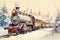 Vintage illustration of an old train decorated for Christmas. Steam locomotive, passenger cars and snowy scenery.