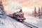 Vintage illustration of an old train decorated for Christmas. Steam locomotive, passenger cars and snowy scenery.