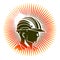 Vintage illustration with sun rays Construction safety helmet line style icon