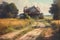 Vintage impressionist old farm house in a field in the morning, oil painting of summer road and fence leading to a homestad. Gener