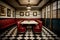 A vintage-inspired dining room with retro diner booths and checkered floors