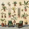 Vintage-inspired Oil Painting Of Enigmatic Tropics With Colonial Colors And Mid-century Icons