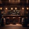 A vintage-inspired speakeasy bar with dim lighting, leather bar stools, and whiskey barrels2