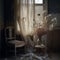 Vintage interior with a chair, a vase of dried flowers and curtains..Generative AI