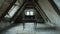 Vintage interior design of attic room a dark wooden piano on worn-out floors. Aged walls, exposed beams, and a small window