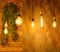 Vintage interior  Interior decorations with hanging lamps. Incandescent bulbs . Cozy darkened atmosphere