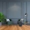Vintage interior room , Contemporary furniture,luxury decor,green chair black lamp on wood flooring and dark gray frame wall /3d