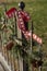 Vintage iron fence pine tree garland,pine cone , red ribbon decoration