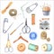 Vintage iron, scissors, pins and various sewing tools. Hand drawn illustrations are isolated on white background.