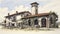 Vintage Italian House Sketch: Muted Colorscape Mastery And Precisionist Lines