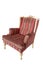 Vintage ivory wooden armchair upholstered in striped red cloth
