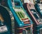 Vintage jackpot slot machines lined up, close-up