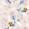 Vintage Japanese blooming flowers, branches, leaves and birds. V