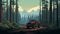 Vintage Jeep Driving Through Woods: Superflat Style With 8-bit Forest Background