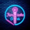 Vintage karaoke emblem glowing neon