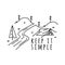 Vintage keep it simple logo design. Outdoor adventure line art scene, hiking landscape. River landscape label with tent