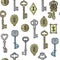 Vintage keys golden and silver and keyholes isolated on white vector seamless pattern. Illustration of antique keys and