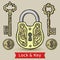 Vintage keys lock and keyholes isolated vector illustration. Antique lock and keys and keyholes to lock and open home